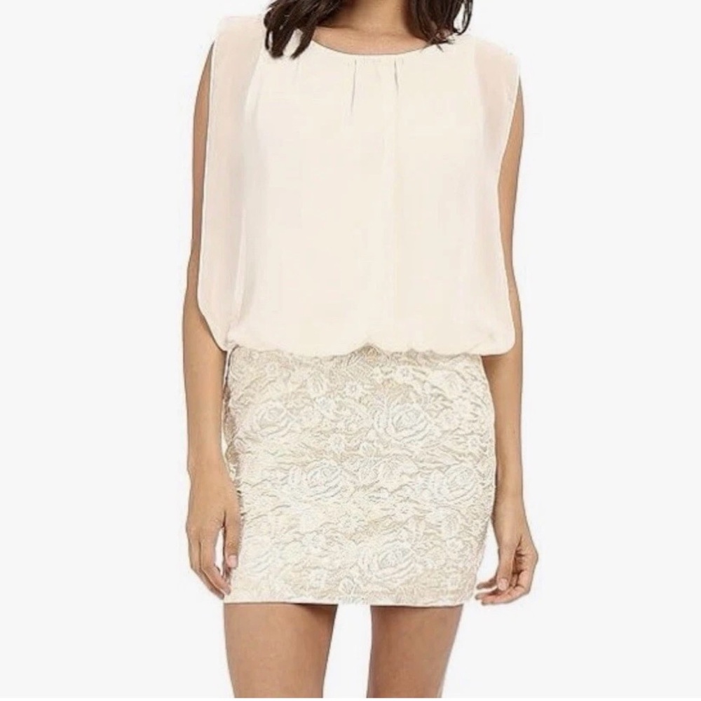 AIDAN by AIDAN MATTOX Ivory Gold Chiffon Blouson Jacquard Combo Dress 6 $165 aA